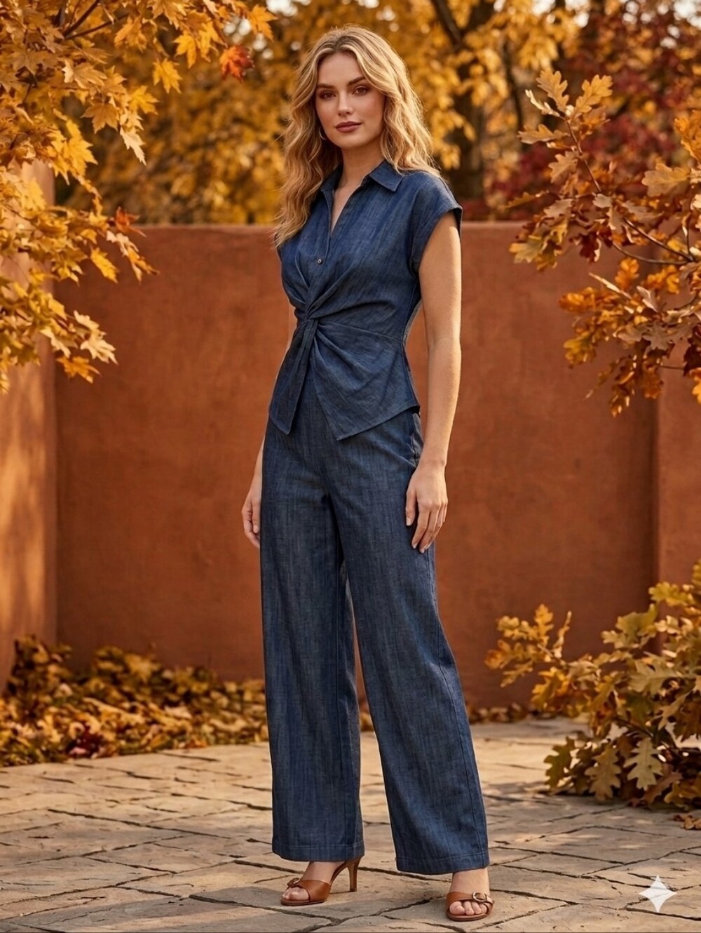 Twist Front Cap Sleeve Shirt & Wide Leg Pants Set